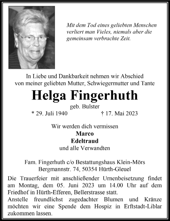 Anzeige von Helga Fingerhuth von  Wochenende 