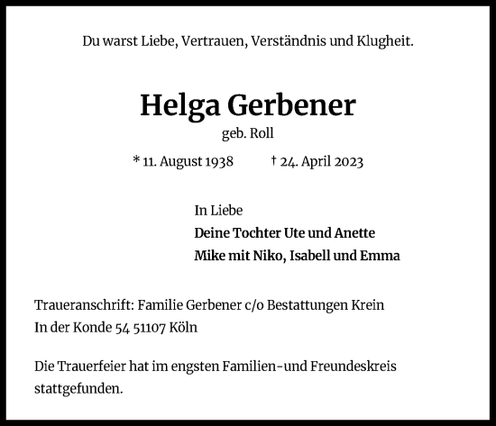 Anzeige von Helga Gerbener von Kölner Stadt-Anzeiger / Kölnische Rundschau / Express