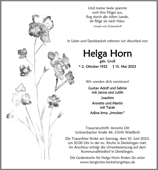 Anzeige von Helga Horn von  Lokalanzeiger 