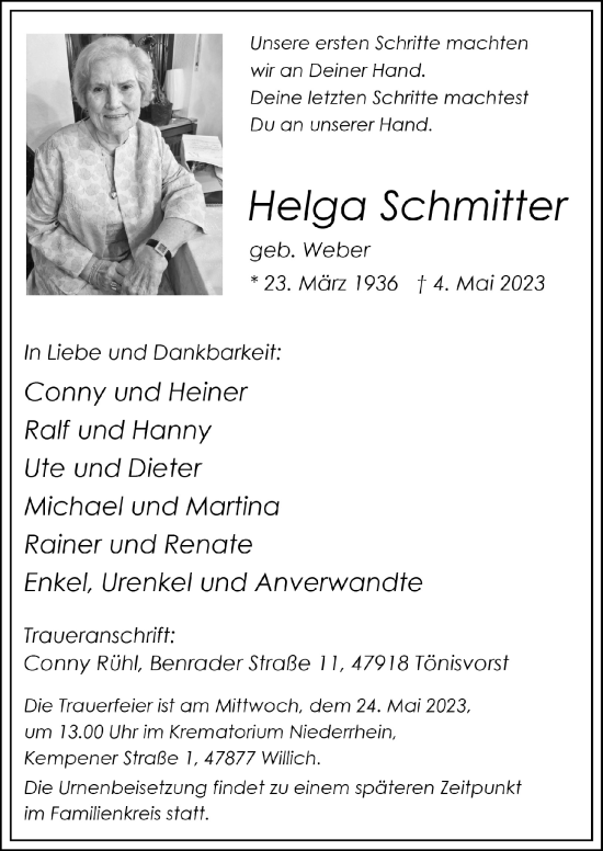 Anzeige von Helga Schmitter von  Bergisches Handelsblatt 