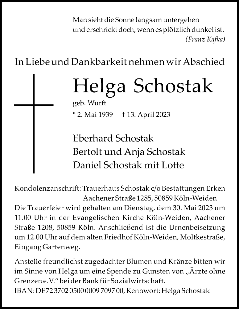  Traueranzeige für Helga Schostak vom 20.05.2023 aus Kölner Stadt-Anzeiger / Kölnische Rundschau / Express