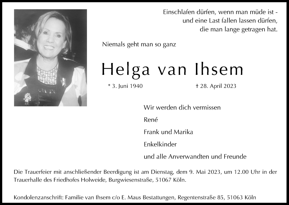  Traueranzeige für Helga van Ihsem vom 06.05.2023 aus Kölner Stadt-Anzeiger / Kölnische Rundschau / Express