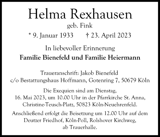 Anzeige von Helma Rexhausen von Kölner Stadt-Anzeiger / Kölnische Rundschau / Express