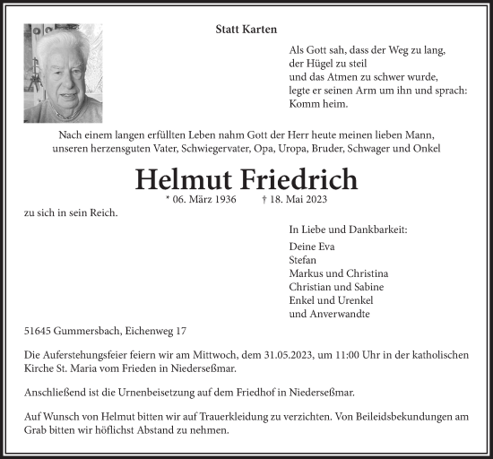 Anzeige von Helmut Friedrich von  Anzeigen Echo 