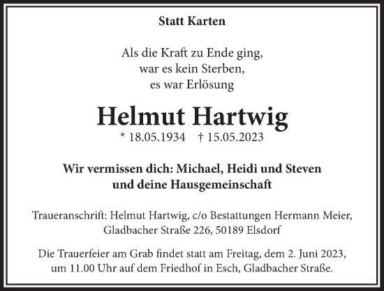 Anzeige von Helmut Hartwig von  Werbepost 