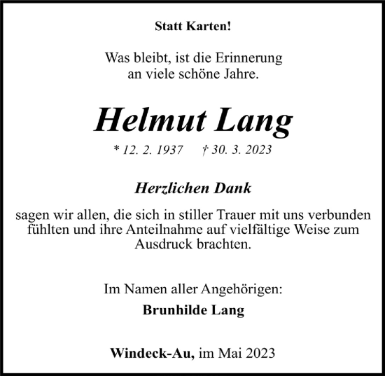 Anzeige von Helmut Lang von  Lokalanzeiger 