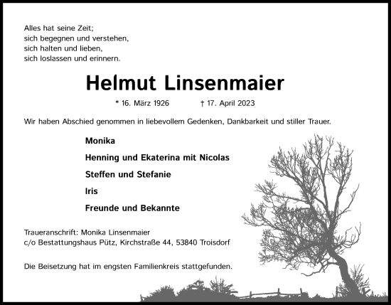 Anzeige von Helmut Linsenmaier von Kölner Stadt-Anzeiger / Kölnische Rundschau / Express