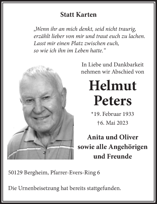 Anzeige von Helmut Peters von  Werbepost 