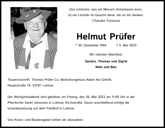 Anzeige von Helmut Prüfer von Kölner Stadt-Anzeiger / Kölnische Rundschau / Express
