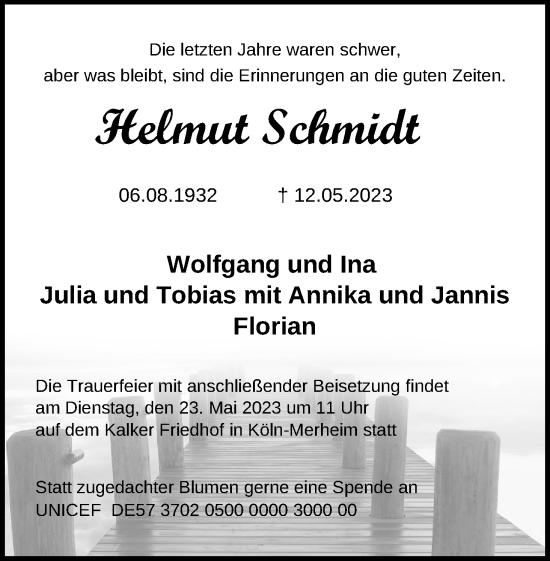 Anzeige von Helmut Schmidt von Kölner Stadt-Anzeiger / Kölnische Rundschau / Express