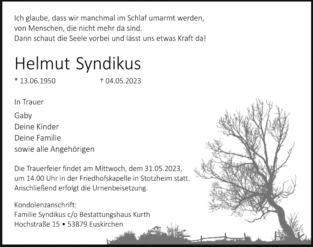  Traueranzeige für Helmut Syndikus vom 13.05.2023 aus  Blickpunkt Euskirchen 