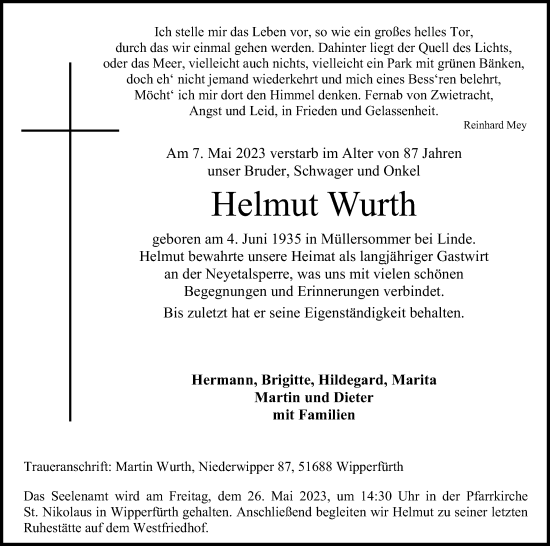 Anzeige von Helmut Wurth von Kölner Stadt-Anzeiger / Kölnische Rundschau / Express