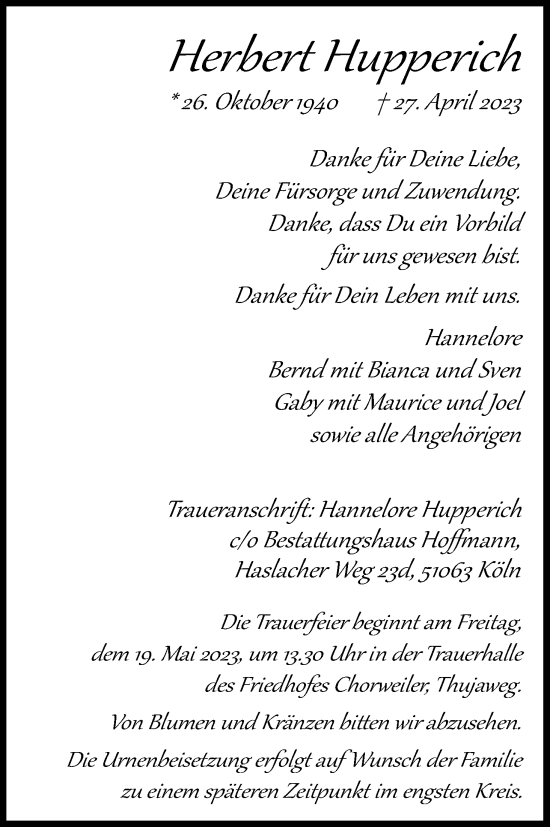 Anzeige von Herbert Hupperich von Kölner Stadt-Anzeiger / Kölnische Rundschau / Express