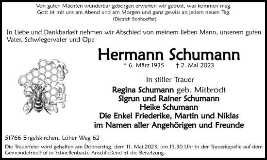 Anzeige von Hermann Schumann von Kölner Stadt-Anzeiger / Kölnische Rundschau / Express