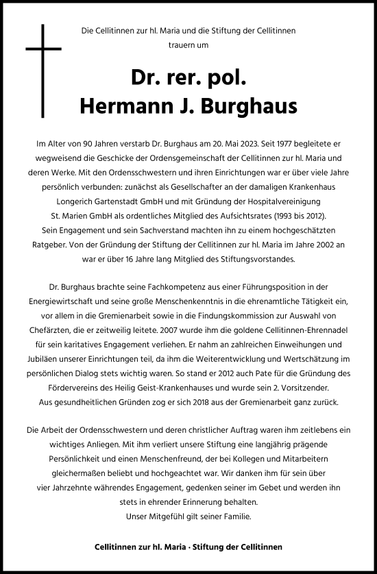 Anzeige von Hermann J. Burghaus von Kölner Stadt-Anzeiger / Kölnische Rundschau / Express