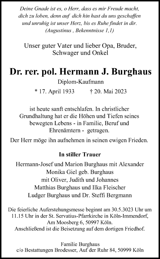 Anzeige von Hermann J. Burghaus von Kölner Stadt-Anzeiger / Kölnische Rundschau / Express