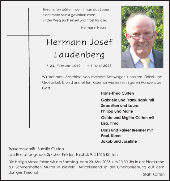 Anzeige von Hermann Josef Laudenberg von Kölner Stadt-Anzeiger / Kölnische Rundschau / Express