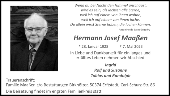 Anzeige von Hermann Josef Maaßen von Kölner Stadt-Anzeiger / Kölnische Rundschau / Express