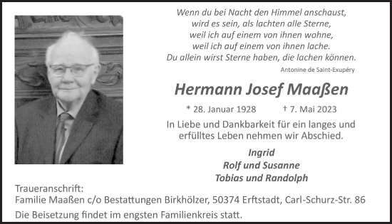 Anzeige von Hermann Josef Maaßen von  Werbepost 