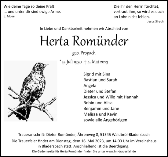 Anzeige von Herta Romünder von  Lokalanzeiger 