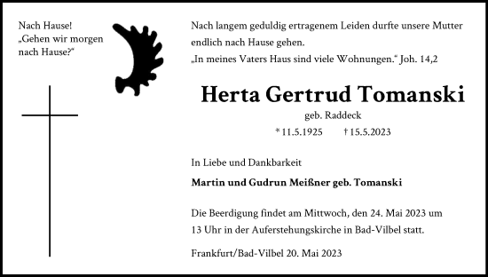 Anzeige von Herta Gertrud Tomanski von Kölner Stadt-Anzeiger / Kölnische Rundschau / Express