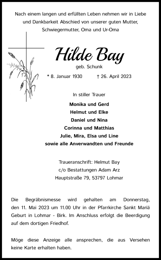 Anzeige von Hilde Bay von Kölner Stadt-Anzeiger / Kölnische Rundschau / Express