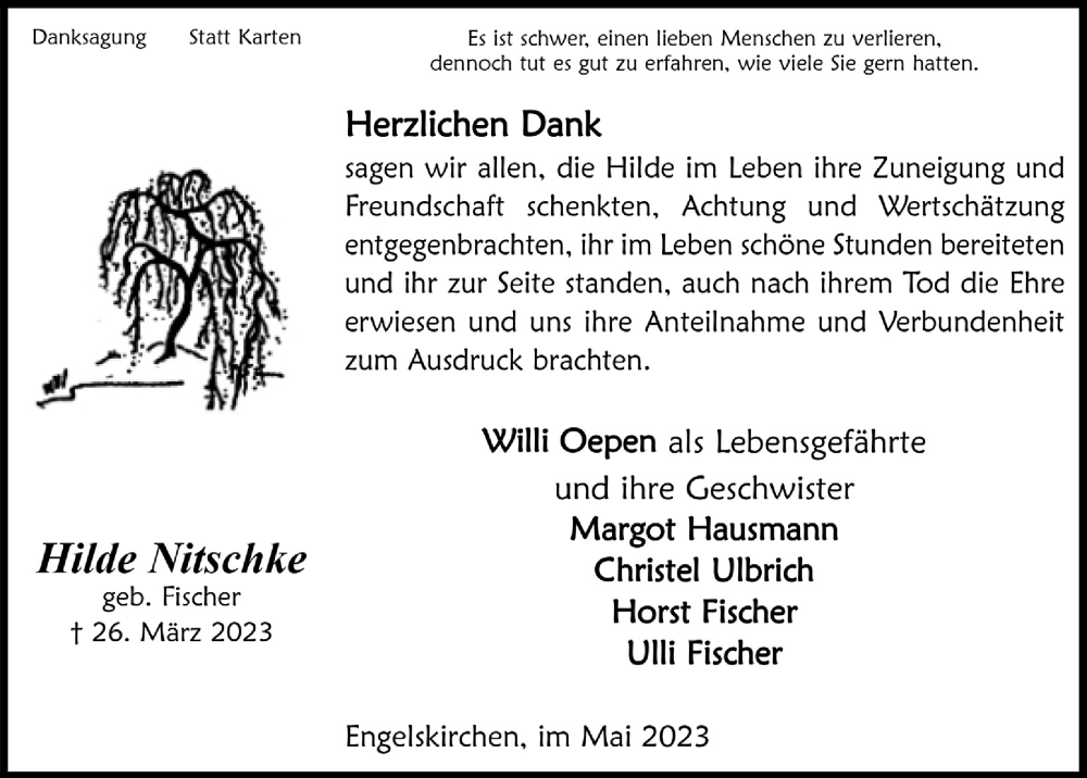  Traueranzeige für Hilde Nitschke vom 19.05.2023 aus  Anzeigen Echo 