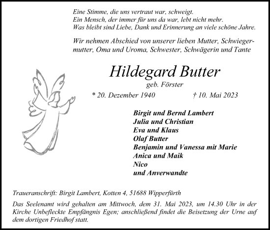 Anzeige von Hildegard Butter von Kölner Stadt-Anzeiger / Kölnische Rundschau / Express