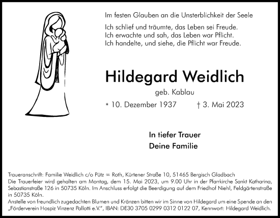 Anzeige von Hildegard Weidlich von Kölner Stadt-Anzeiger / Kölnische Rundschau / Express