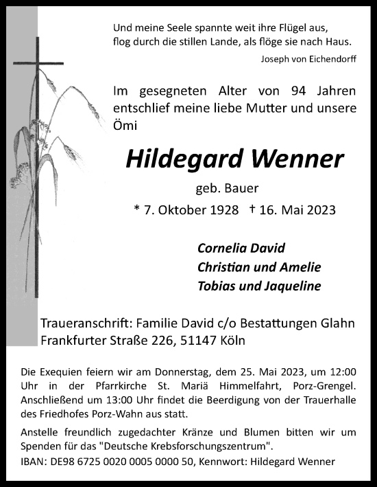 Anzeige von Hildegard Wenner von Kölner Stadt-Anzeiger / Kölnische Rundschau / Express
