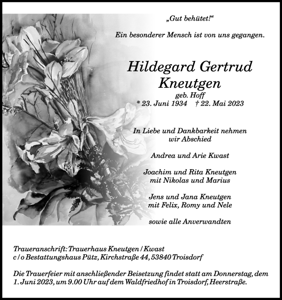 Anzeige von Hildegard Gertrud Kneutgen von Kölner Stadt-Anzeiger / Kölnische Rundschau / Express