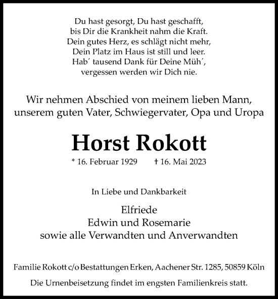 Anzeige von Horst Rokott von Kölner Stadt-Anzeiger / Kölnische Rundschau / Express