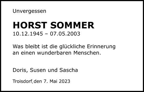 Anzeige von Horst Sommer von Kölner Stadt-Anzeiger / Kölnische Rundschau / Express