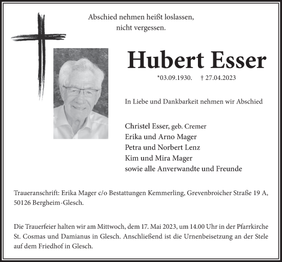 Anzeige von Hubert Esser von  Werbepost 