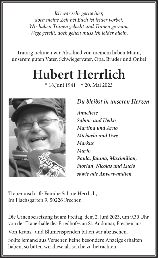 Anzeige von Hubert Herrlich von  Wochenende 