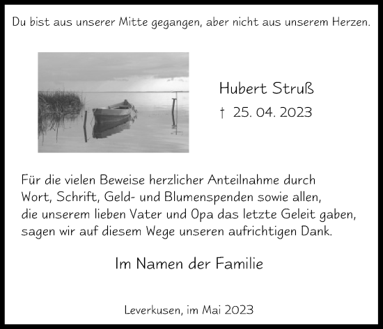 Anzeige von Hubert Struß von Kölner Stadt-Anzeiger / Kölnische Rundschau / Express