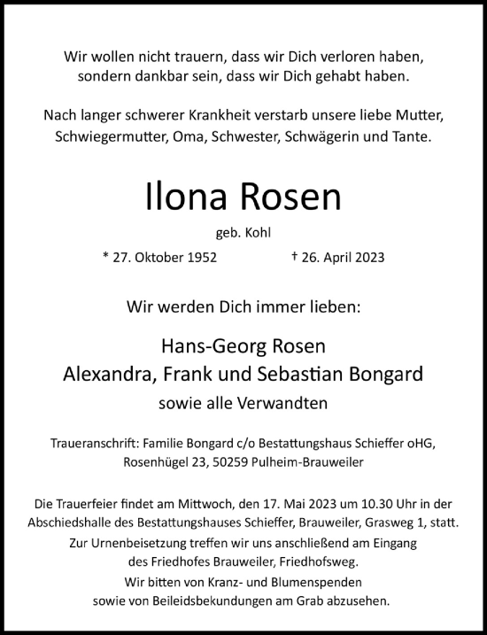 Anzeige von Ilona Rosen von  Wochenende 