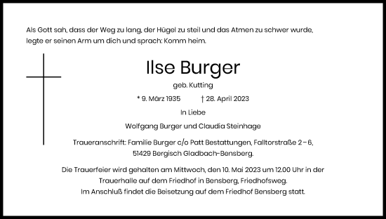 Anzeige von Ilse Burger von Kölner Stadt-Anzeiger / Kölnische Rundschau / Express