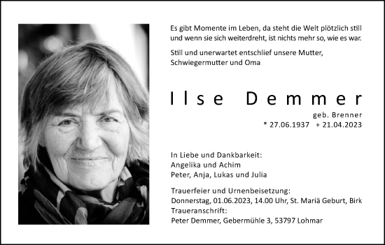 Anzeige von Ilse Demmer von Kölner Stadt-Anzeiger / Kölnische Rundschau / Express
