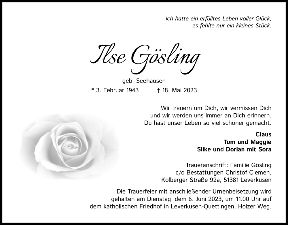  Traueranzeige für Ilse Gösling vom 27.05.2023 aus Kölner Stadt-Anzeiger / Kölnische Rundschau / Express