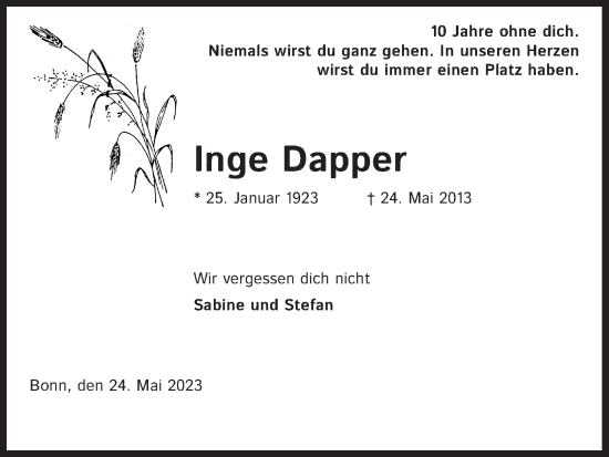 Anzeige von Inge Dapper von Kölner Stadt-Anzeiger / Kölnische Rundschau / Express