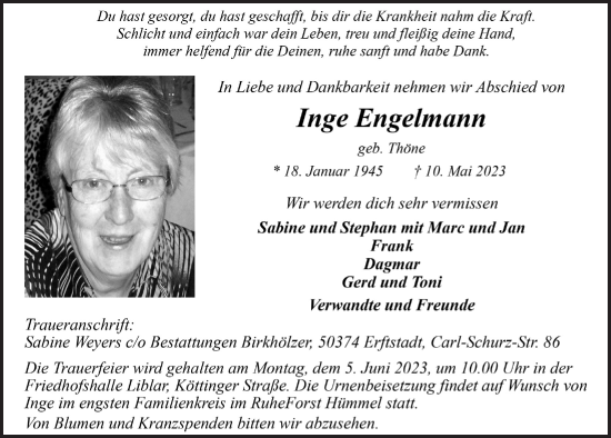 Anzeige von Inge Engelmann von  Werbepost 