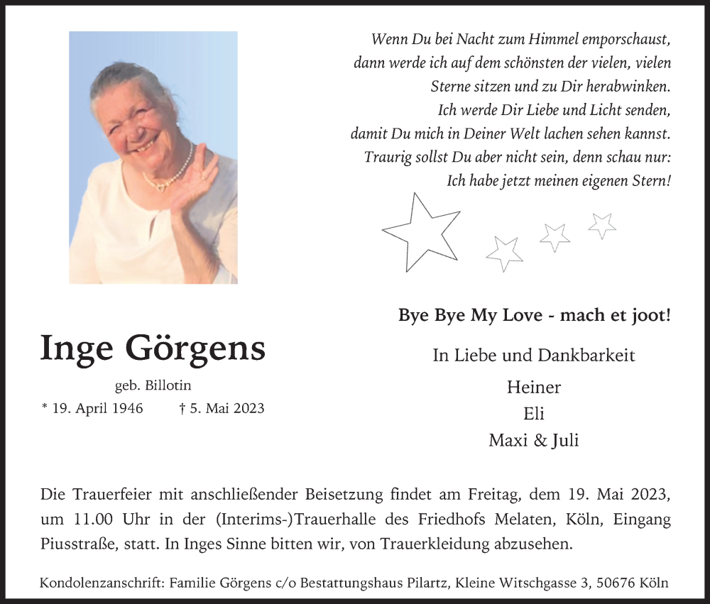  Traueranzeige für Inge Görgens vom 18.07.2023 aus Kölner Stadt-Anzeiger / Kölnische Rundschau / Express