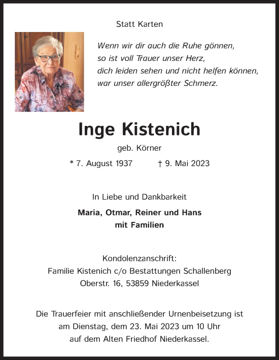 Anzeige von Inge Kistenich von Kölner Stadt-Anzeiger / Kölnische Rundschau / Express