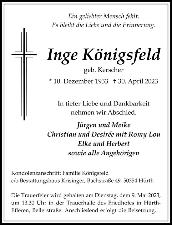 Anzeige von Inge Königsfeld von  Wochenende 