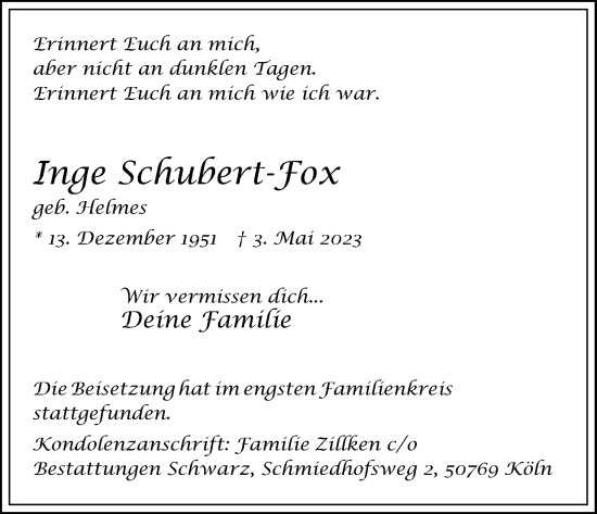 Anzeige von Inge Schubert-Fox von Kölner Stadt-Anzeiger / Kölnische Rundschau / Express