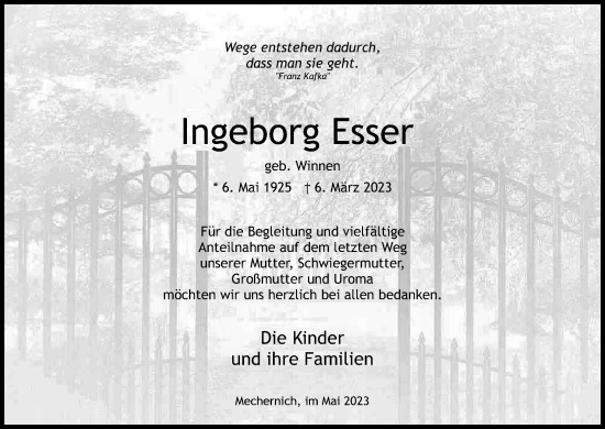 Anzeige von Ingeborg Esser von Kölner Stadt-Anzeiger / Kölnische Rundschau / Express