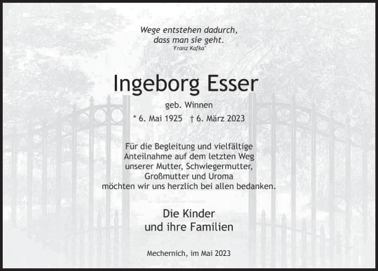 Anzeige von Ingeborg Esser von  Blickpunkt Euskirchen 