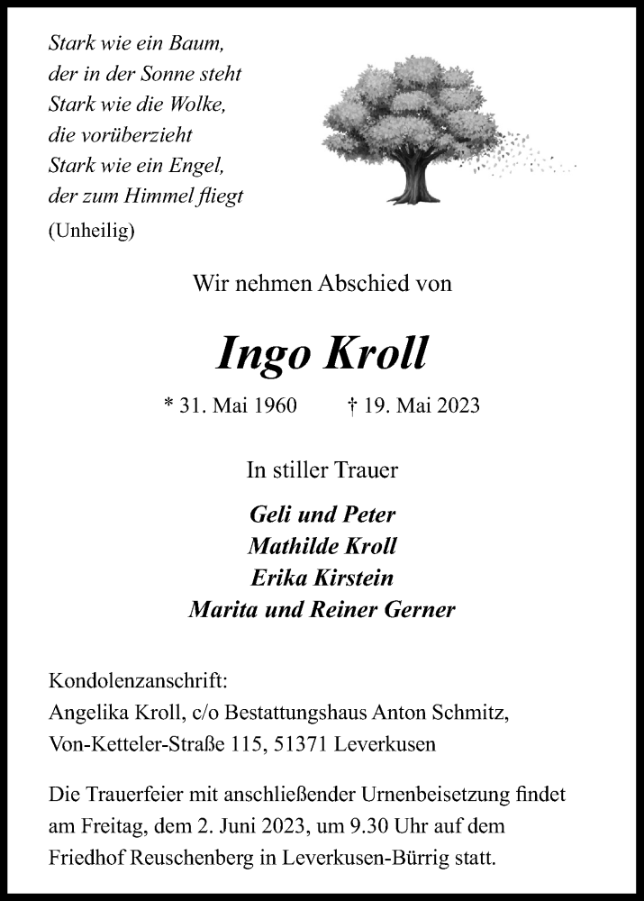  Traueranzeige für Ingo Kroll vom 27.05.2023 aus Kölner Stadt-Anzeiger / Kölnische Rundschau / Express