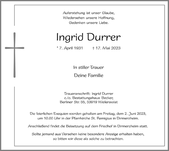Anzeige von Ingrid Durrer von  Werbepost 